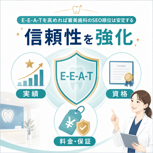 実績、資格、料金や保証の明示によってE-E-A-Tを高め、審美歯科SEOの信頼性を強化する図解