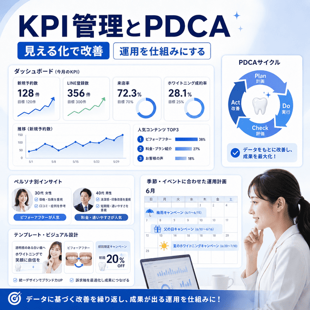 審美歯科・ホワイトニングのFacebook運用をKPI管理とPDCAで改善するダッシュボード風の図解