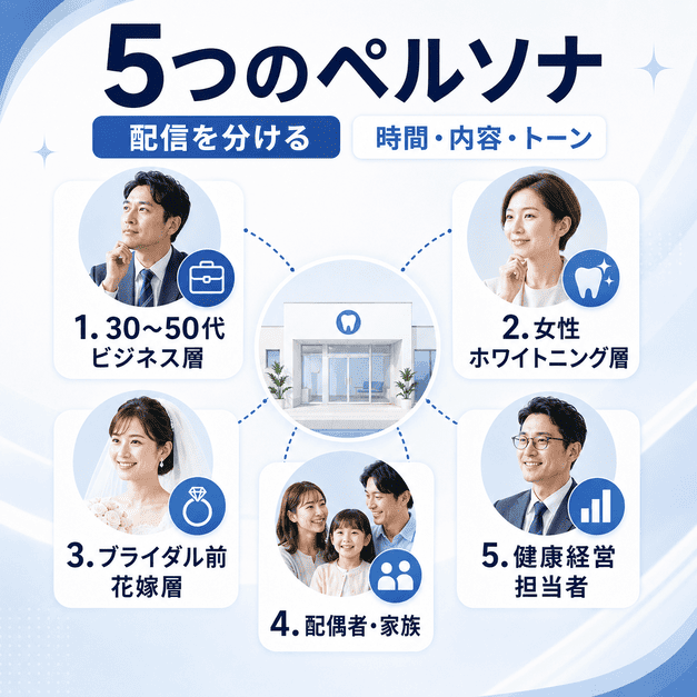 persona-strategy
審美歯科のFacebook運用で重要な5つのペルソナを、ビジネス層や女性、花嫁、家族、健康経営担当者で示した図解