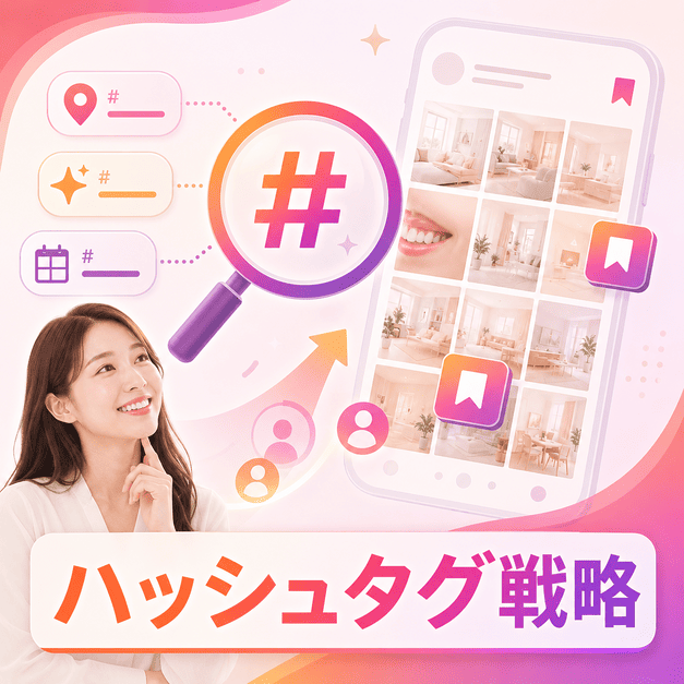 地域・施術名・イベント連動のハッシュタグ設計で新規患者に見つけてもらう流れを表したイラスト