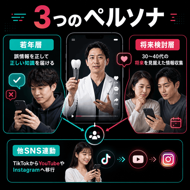 インプラント専門TikTokで狙う若年層、将来検討層、他SNS連動層の3つのペルソナを示したイラスト