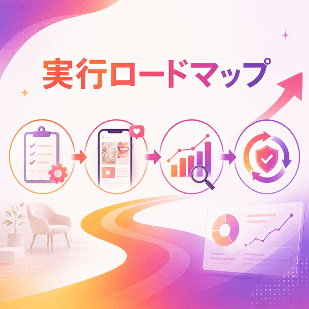 審美歯科Instagram集患の実装手順を、基盤整備、投稿運用、分析改善、継続成長のロードマップで示したイラスト