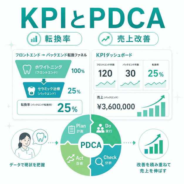 ホワイトニングからセラミックへの転換率をKPIで管理しPDCAを回すダッシュボードのイメージ