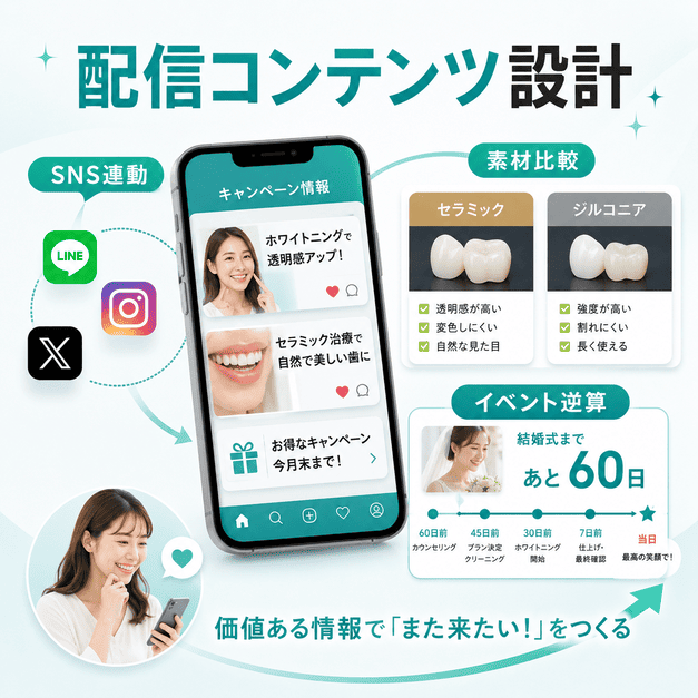 SNS連動、素材比較、イベント逆算配信で再来院意欲を高めるLINE配信設計のイメージ