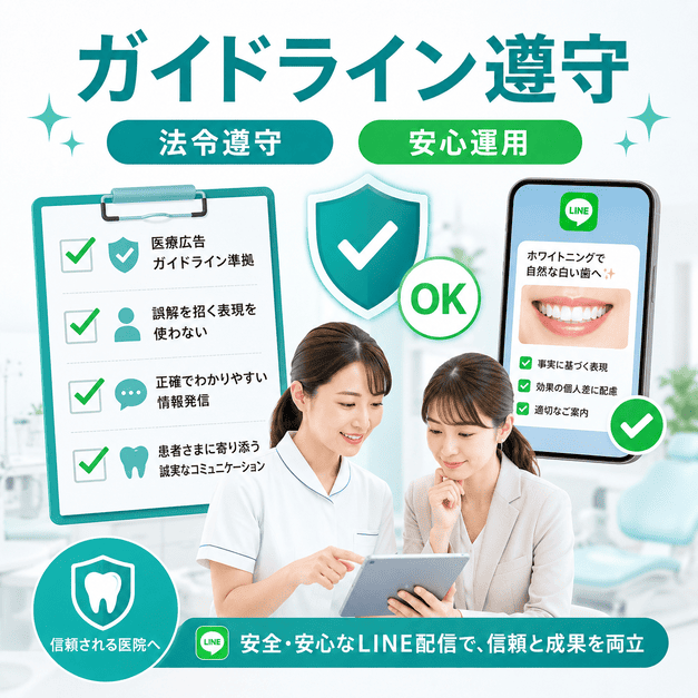 医療広告ガイドラインとLINEポリシーを守りながら安心して配信する審美歯科運用のイメージ