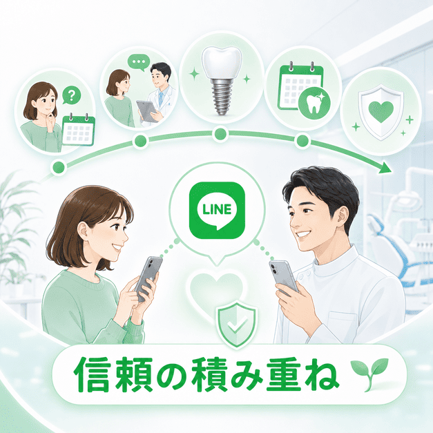 LINEを通じて比較検討、相談、治療、長期メンテナンスまで信頼を積み重ねる様子を示したイラスト