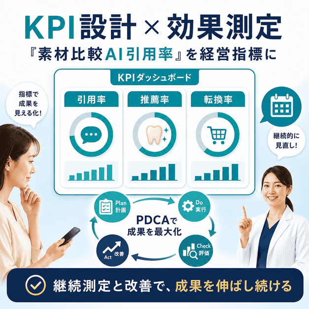 素材比較AI引用率・推薦率・転換率をKPIとして設計し、PDCAで効果測定する流れを示した図