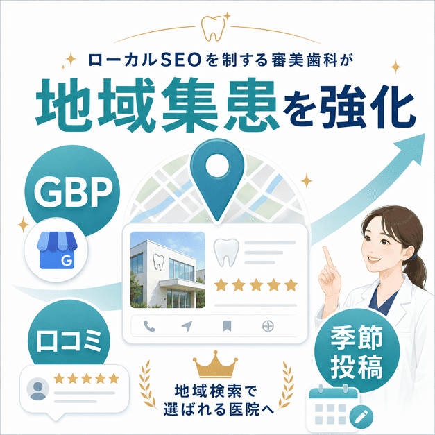 Googleビジネスプロフィール、口コミ、季節投稿を活用して地域の患者に選ばれるローカルSEOを表した図解