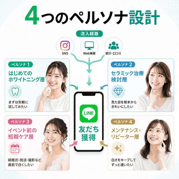 ホワイトニング初体験層やセラミック検討層など4つのペルソナをLINE友だち獲得につなげる図解