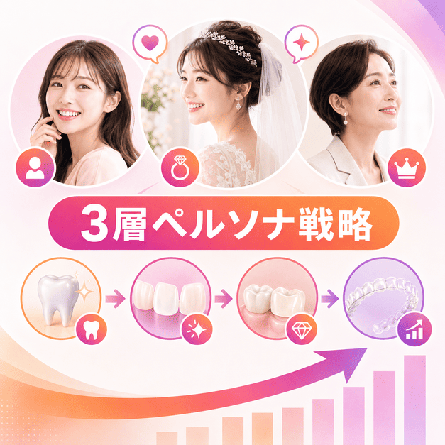 若年女性、イベント前需要、エイジング審美の3層ペルソナと、ホワイトニングから高単価施術への転換を示したイラスト