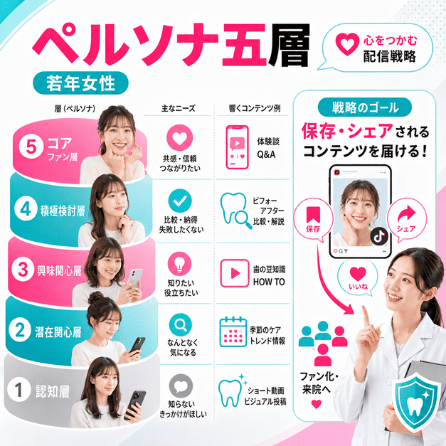 若年女性のペルソナを五層に分け、興味や検討段階に合わせて配信内容を設計するイメージ
