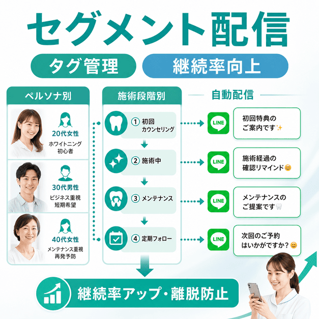 ペルソナ別・施術段階別にタグ管理し、LINEで個別配信するセグメント設計のイメージ