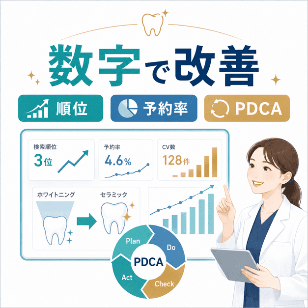 検索順位、予約率、PDCAを管理しながらホワイトニングからセラミック治療への導線を改善する図解