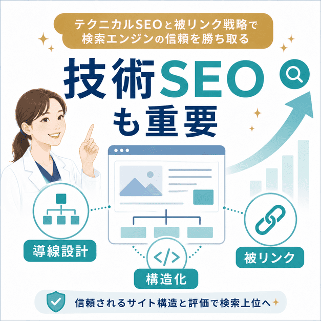 導線設計、構造化データ、被リンクによって検索エンジンからの信頼を高めるテクニカルSEOの図解
