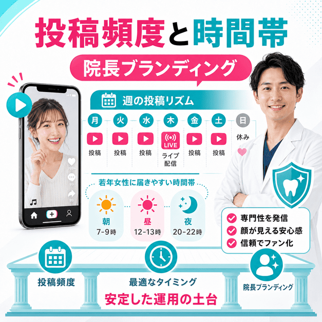 投稿頻度や時間帯、院長ブランディングを整えて審美歯科TikTokを安定運用するイメージ