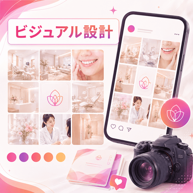 審美歯科クリニックの9マスグリッド、症例写真、ブランドカラーを統一して選ばれる印象を作るイラスト