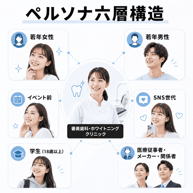 審美歯科・ホワイトニングのX運用で若年女性や若年男性など六つのペルソナを整理したイラスト