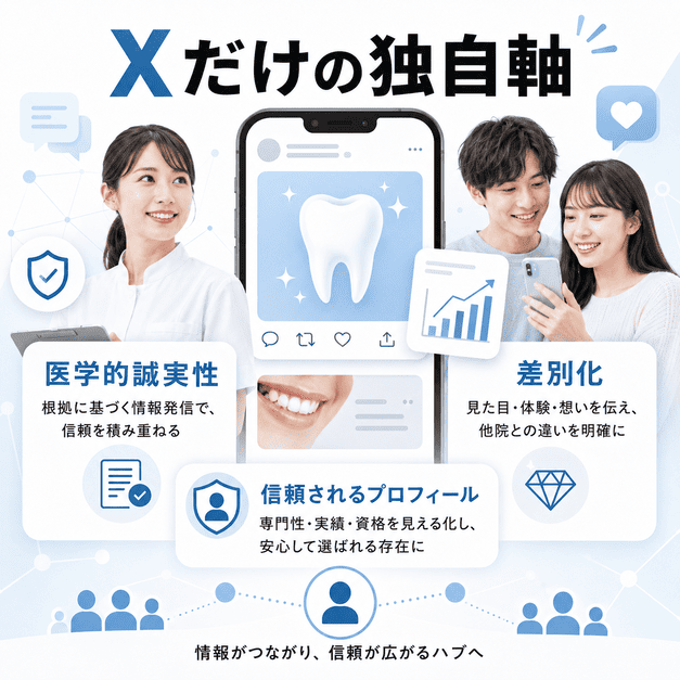 審美歯科・ホワイトニング領域でXが持つ医学的誠実性や差別化の役割を示したイラスト