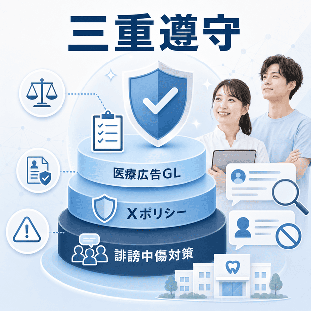 医療広告GL、Xポリシー、誹謗中傷対策の三重遵守で審美歯科経営を守るイラスト