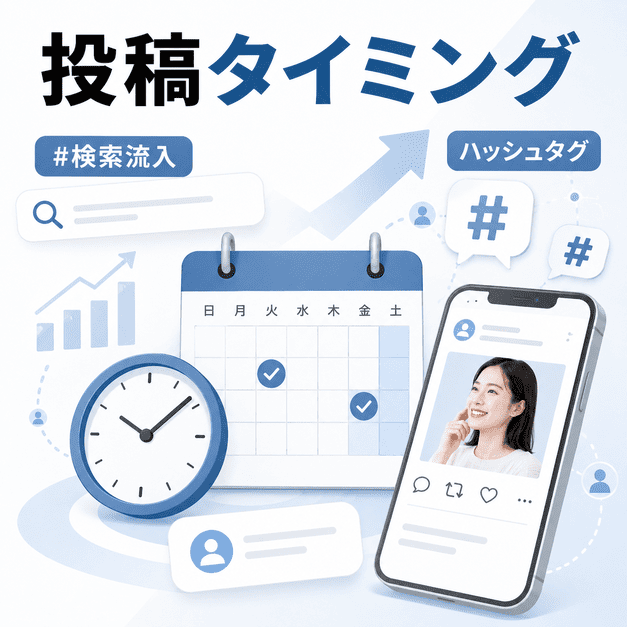 審美歯科・ホワイトニングのX投稿でハッシュタグと検索流入、投稿タイミングを活用する様子を示したイラスト