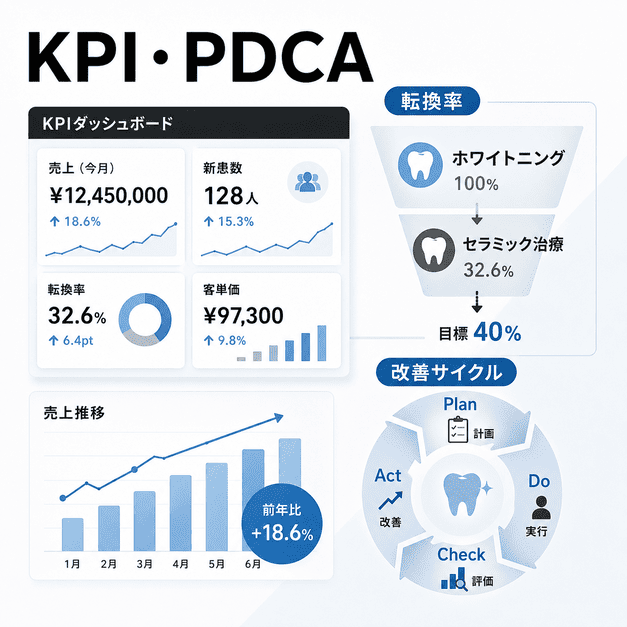 審美歯科のX運用でKPIダッシュボードとPDCAサイクルにより経営成果を改善するイラスト