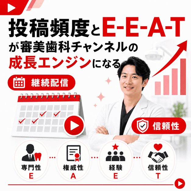 審美歯科チャンネルで投稿頻度とE-E-A-Tを高めて信頼性と成長につなげるイラスト