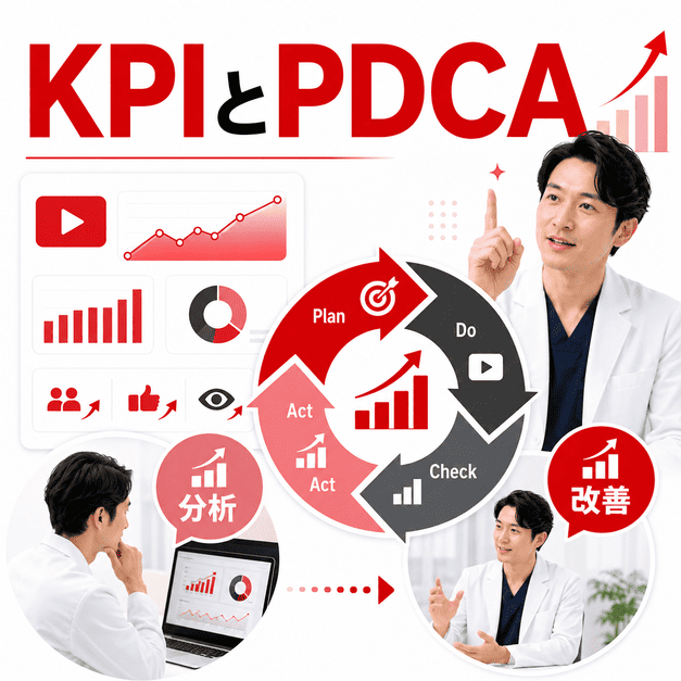 審美歯科YouTube運用のKPIを分析しPDCAサイクルで改善する様子を表した図