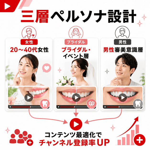 審美歯科YouTube運用で20代から40代女性、ブライダル層、男性層の三層ペルソナを設計する図