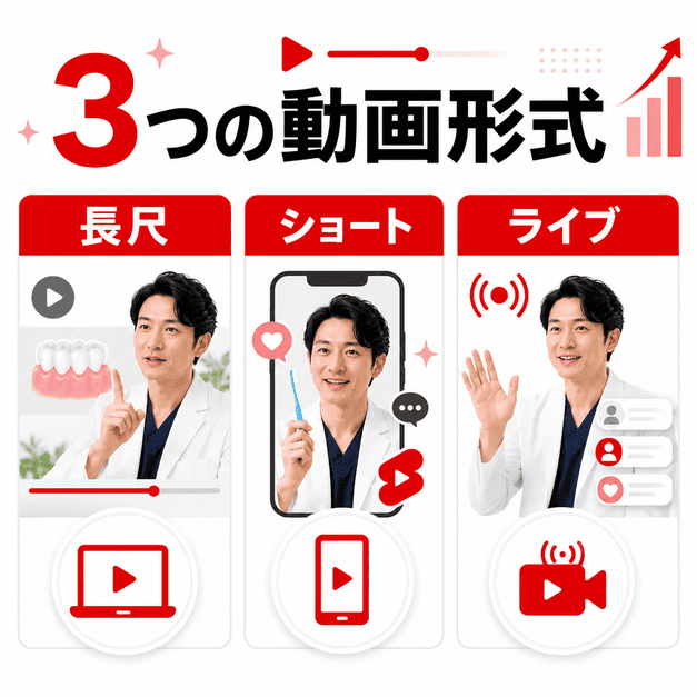 審美歯科YouTubeで長尺動画、ショート動画、ライブ配信の3形式を使い分けるイラスト