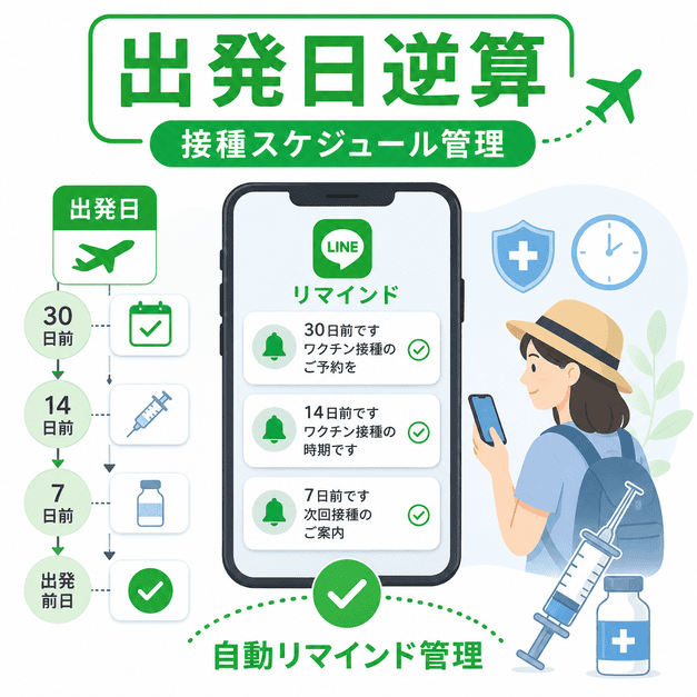 LINEで出発日から逆算し、ワクチン接種スケジュールを自動リマインドで管理する様子