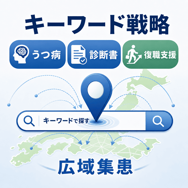 うつ病、診断書、復職支援を主要キーワードとして、地域検索から広域集患につなげるMEO戦略を示した図解