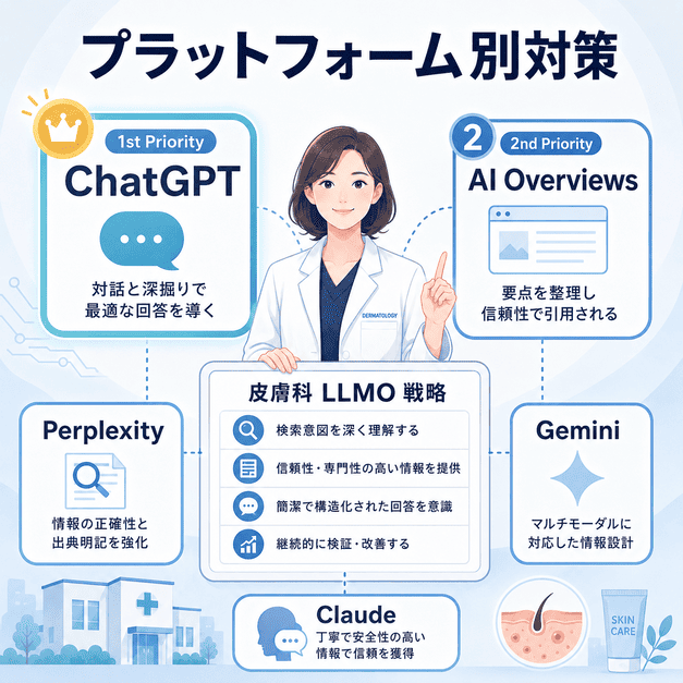 ChatGPT、AI Overviews、Perplexity、Gemini、ClaudeなどのAIプラットフォーム別に皮膚科LLMO対策を整理した画像
