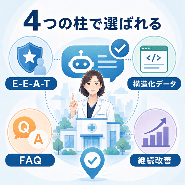 皮膚科クリニックがE-E-A-T、構造化データ、FAQ、継続改善の4つの柱で地域に選ばれる流れをまとめた画像