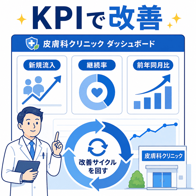 皮膚科クリニックの新規流入、継続率、前年同月比を確認しながら改善サイクルを回すKPI管理の図解