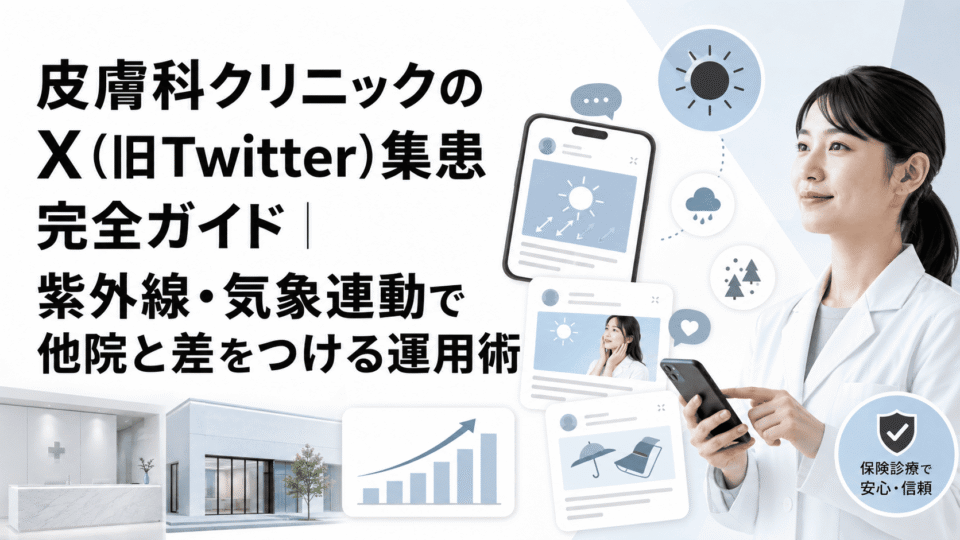 皮膚科クリニックのX集患運用を、紫外線や気象連動、保険診療の信頼感とともに表したアイキャッチ画像