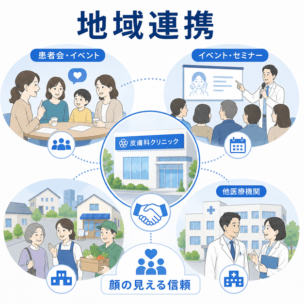 皮膚科クリニックが患者会やイベント、地域医療機関との連携で信頼を築く様子を示したイラスト