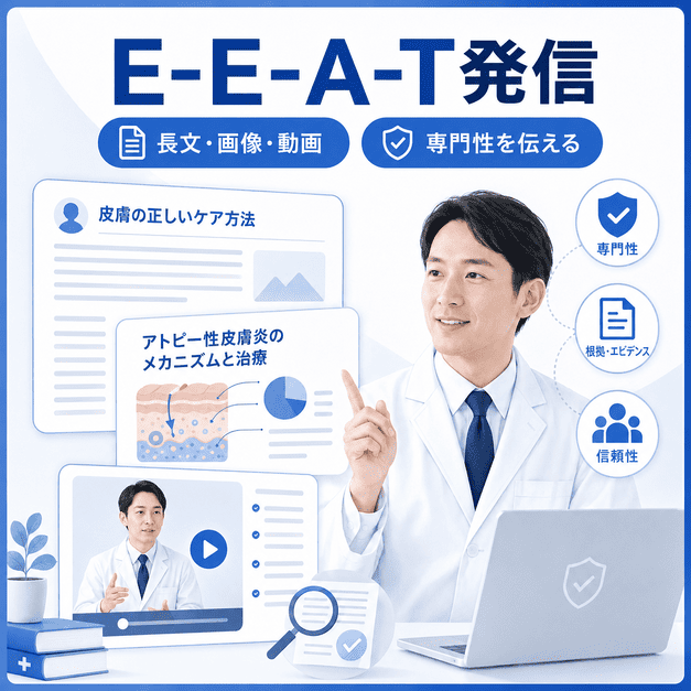 皮膚科医が長文投稿・画像・動画で専門性と信頼性を伝えるE-E-A-T発信のイラスト