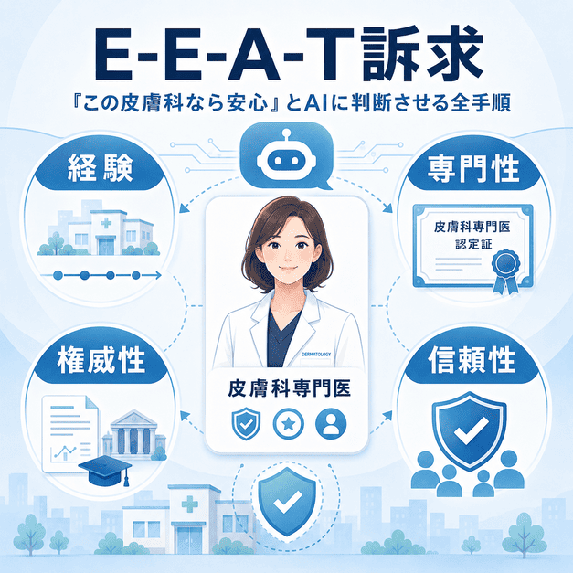 皮膚科専門医の経験・専門性・権威性・信頼性をAIに伝えるE-E-A-T訴求を図解した画像