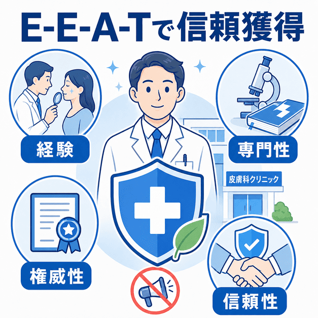 皮膚科クリニックの信頼を高めるE-E-A-Tとして経験、専門性、権威性、信頼性を示した図解