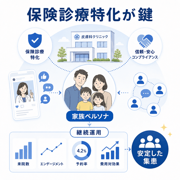 保険診療特化と家族ペルソナを軸に皮膚科Facebook集患を安定させるまとめ用イラスト