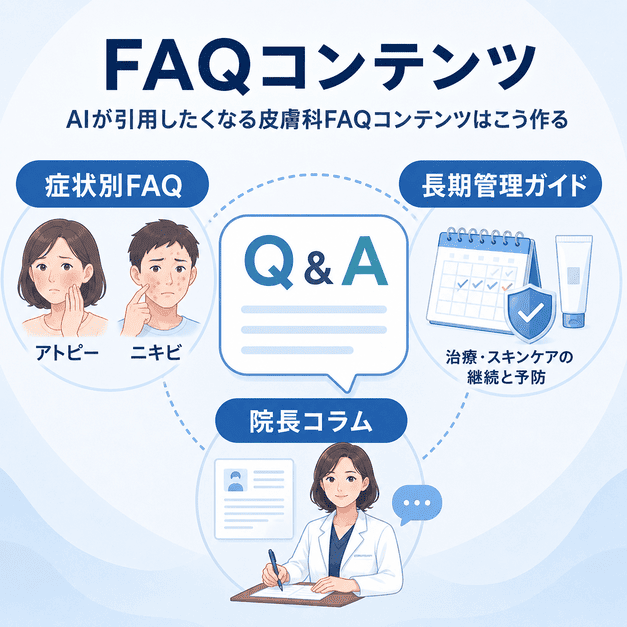 AIが引用しやすい皮膚科FAQコンテンツとして、症状別FAQ、長期管理ガイド、院長コラムを図解した画像
