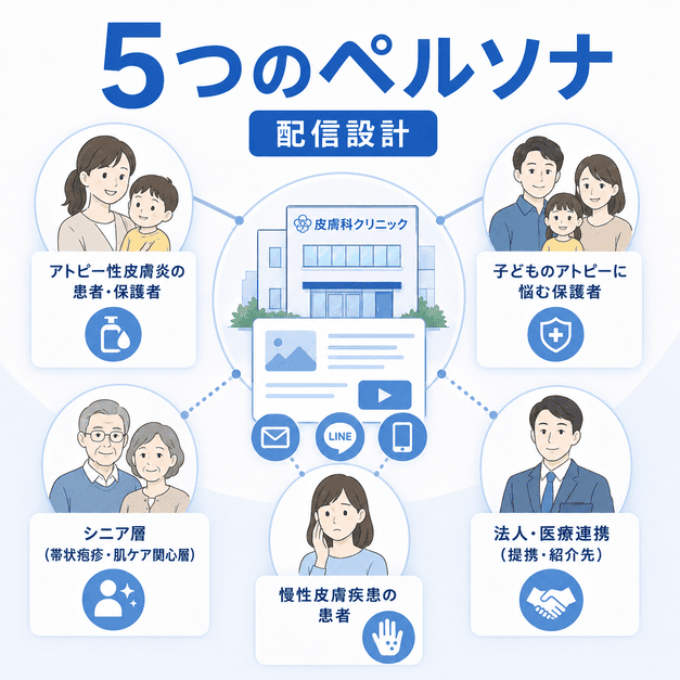 皮膚科Facebook運用で想定する5つのペルソナと配信設計を整理したイラスト
