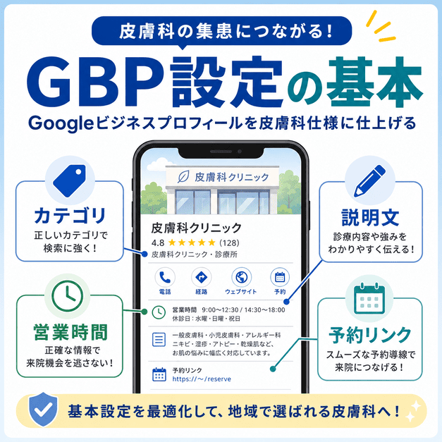 Googleビジネスプロフィールを皮膚科向けに整えるためのカテゴリ、説明文、営業時間、予約リンクの設定を図解した画像
