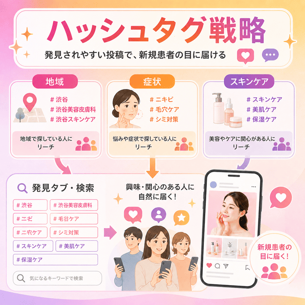 地域・症状・スキンケアの三軸でハッシュタグを設計し、新規患者に投稿を届ける仕組みを表したイラスト