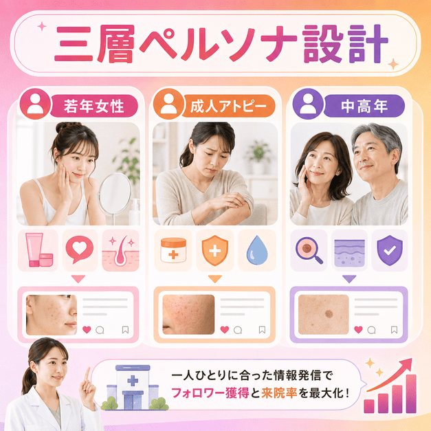 若年女性、成人アトピー層、中高年層の三層ペルソナに分けてInstagram発信を設計する様子を表したイラスト