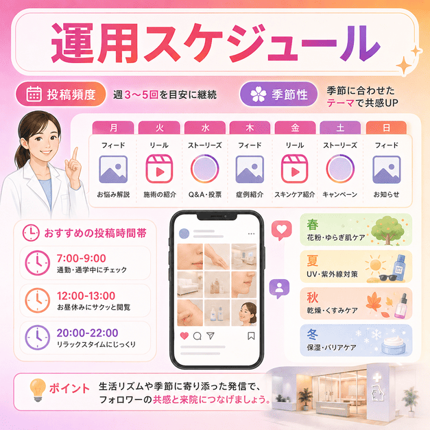 投稿頻度、配信時間帯、季節性を組み合わせた皮膚科Instagramの運用スケジュールを示したイラスト