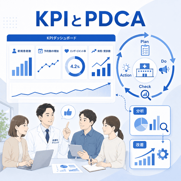 皮膚科Facebook運用のKPIダッシュボードとPDCAサイクルによる改善を示したイラスト
