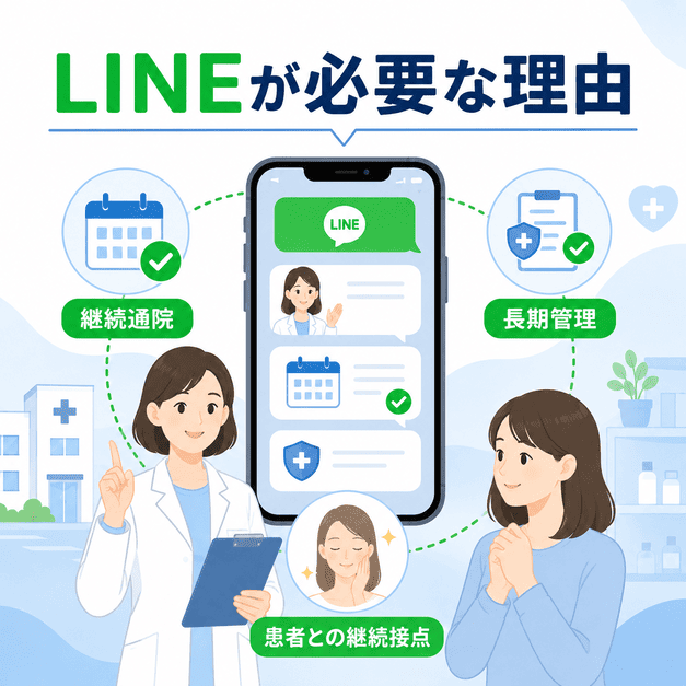皮膚科でLINEを活用し、患者との継続接点や長期管理、継続通院を支えるイメージ