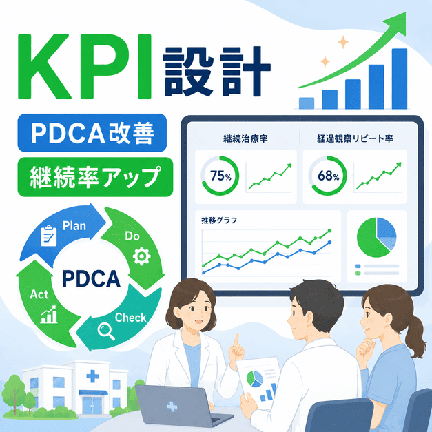 皮膚科LINE運用の継続治療率や経過観察リピート率をKPIとPDCAで改善するイメージ