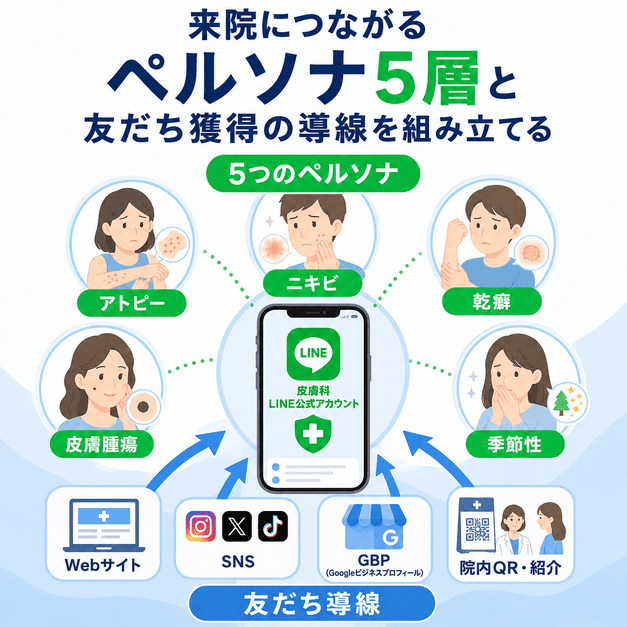 ニキビやアトピー、乾癬、皮膚腫瘍、季節性疾患の患者層をLINE友だち導線につなげるイメージ